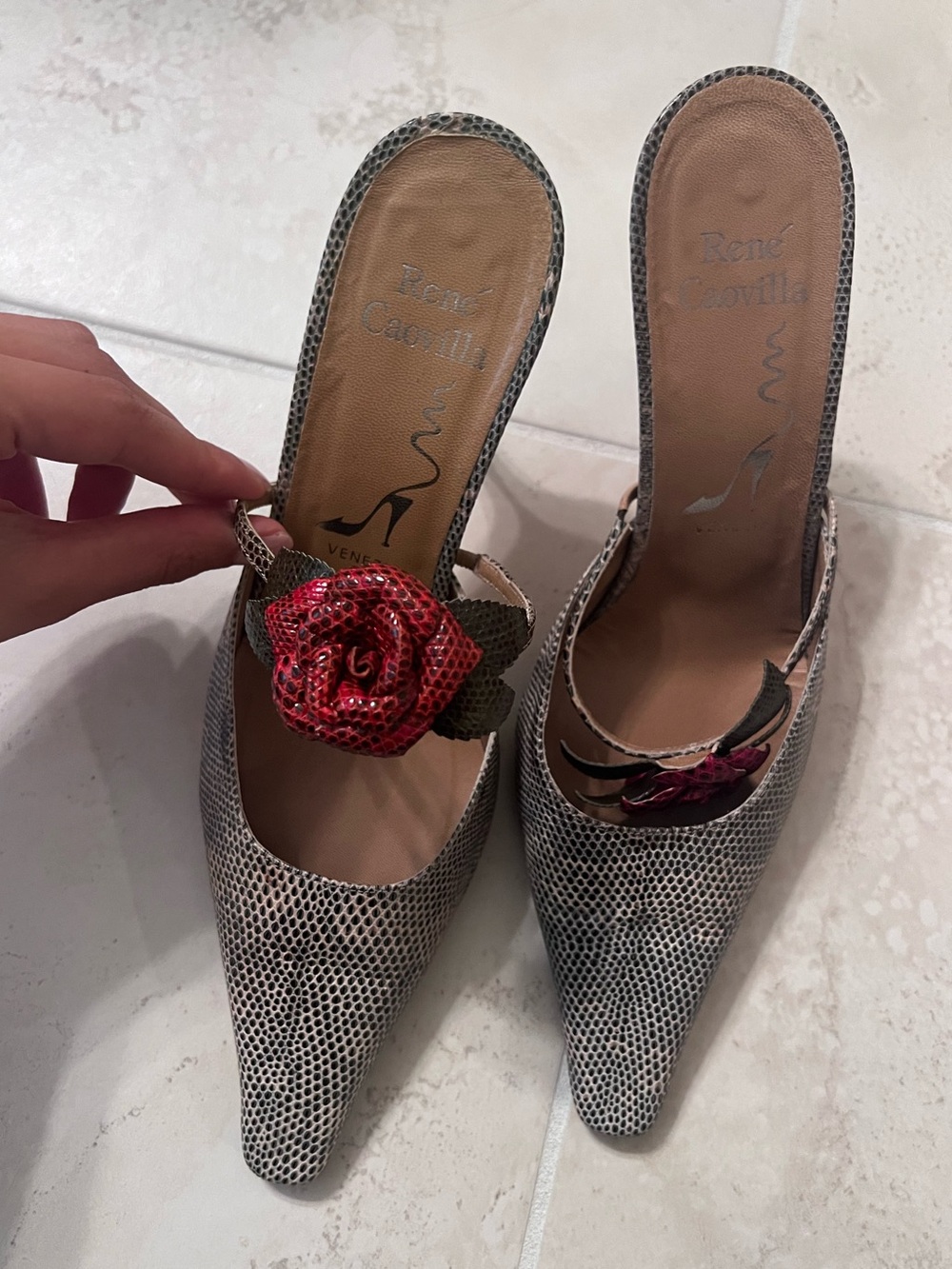 RARE Vintage Rene Caovilla Silver Snakeskin-Effect Mules with Red Rose